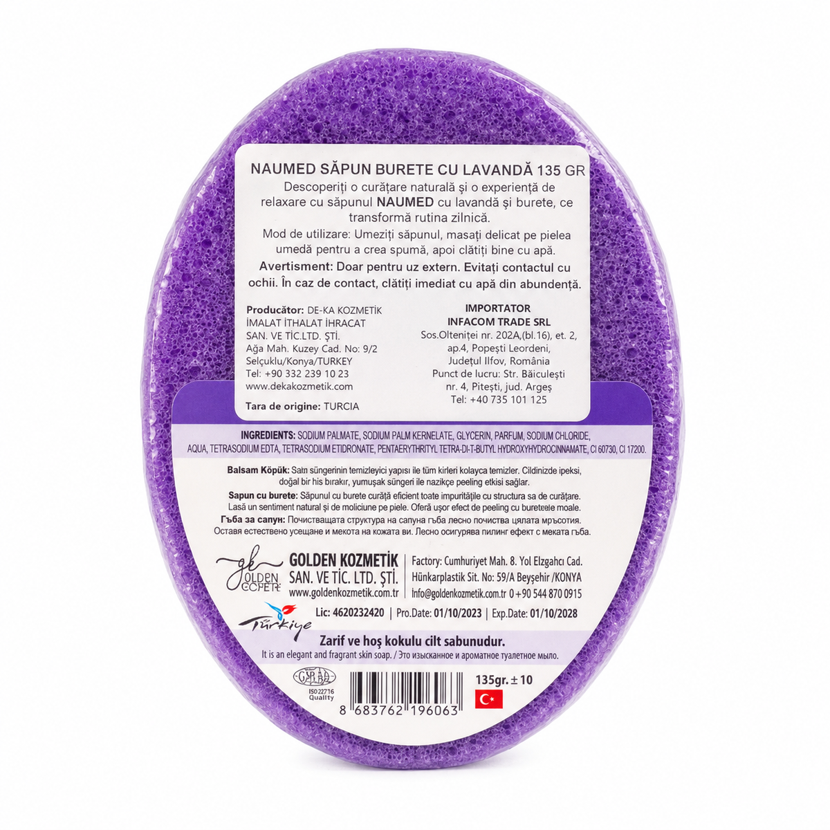Săpun exfoliant Naumed Biocosmetics 2 în 1 cu burete natural și lavandă, 140 g