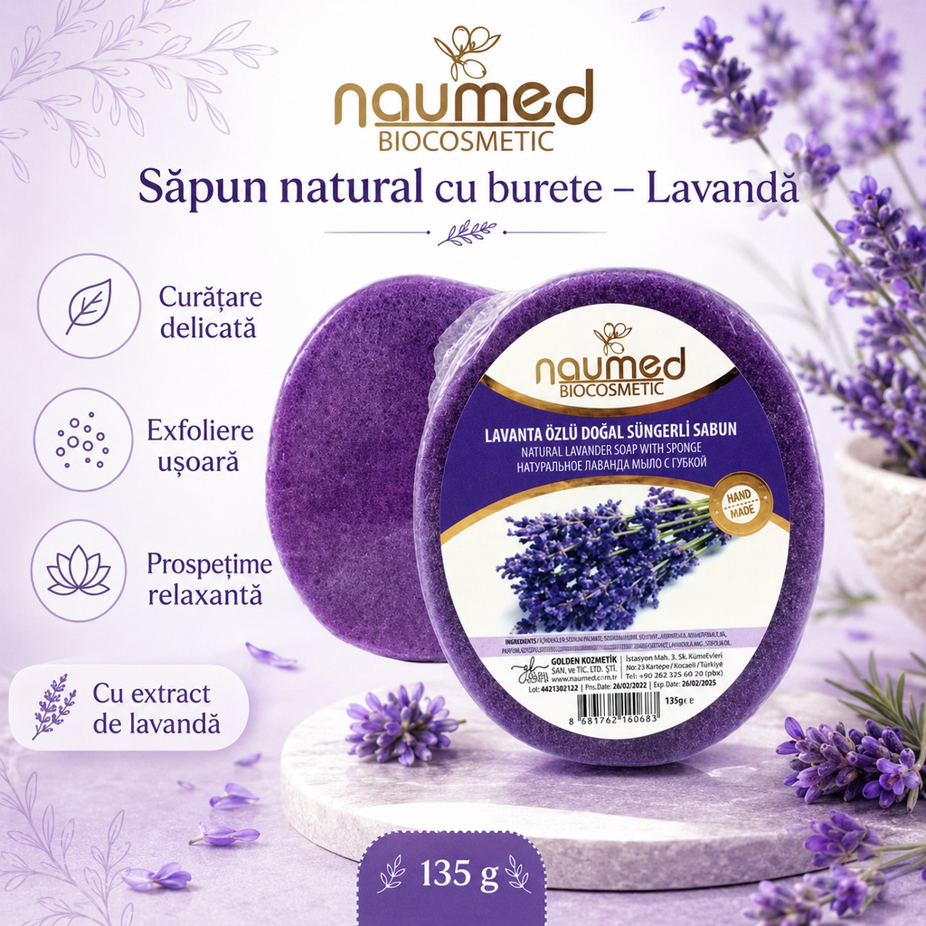 Săpun exfoliant Naumed Biocosmetics 2 în 1 cu burete natural și lavandă, 140 g