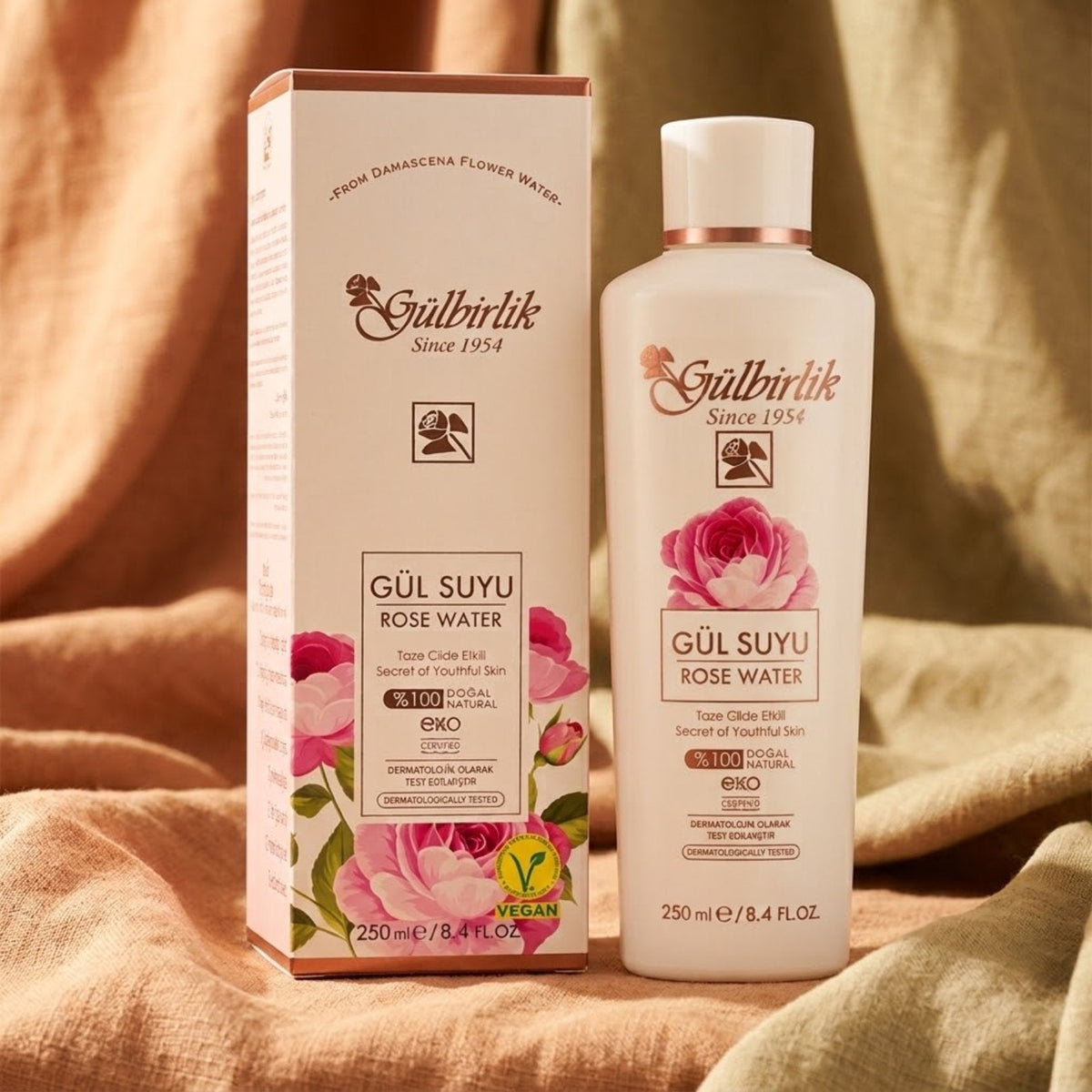 Apă de trandafiri Rosense (Gülbirlik), destinată tonifierii și împrospătării pielii, 250 ml
