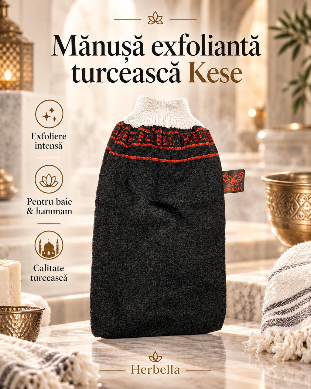Mănușă exfoliantă Kese Kelebek neagră, din viscoză, stil marocan, pentru exfoliere intensă și hammam
