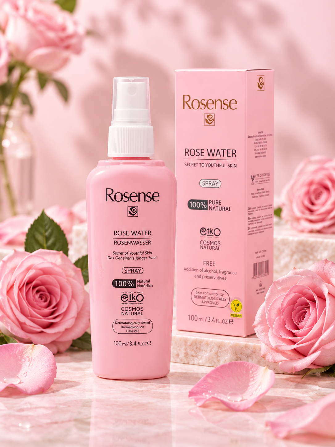 Apă de trandafiri Rosense (Gülbirlik) spray, destinată tonifierii și împrospătării pielii, 125 ml