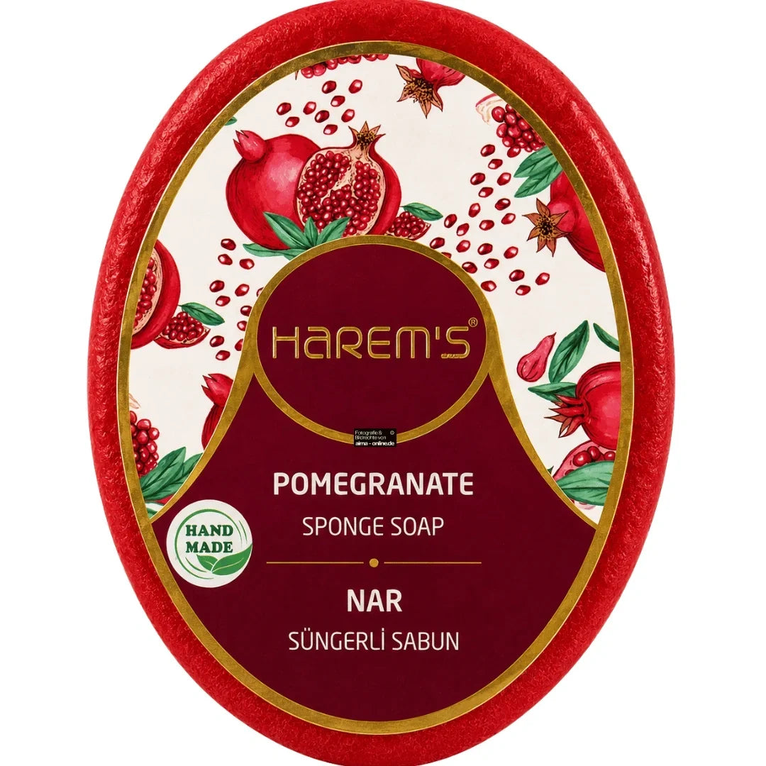 Săpun cu burete Harems cu rodie, destinat curățării și exfolierii pielii, 130 g