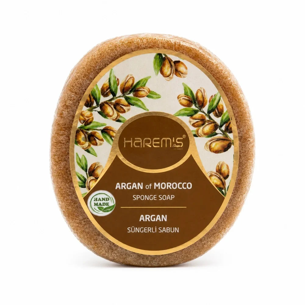 Săpun cu burete Harems cu ulei de argan, destinat curățării și exfolierii pielii, 130 g