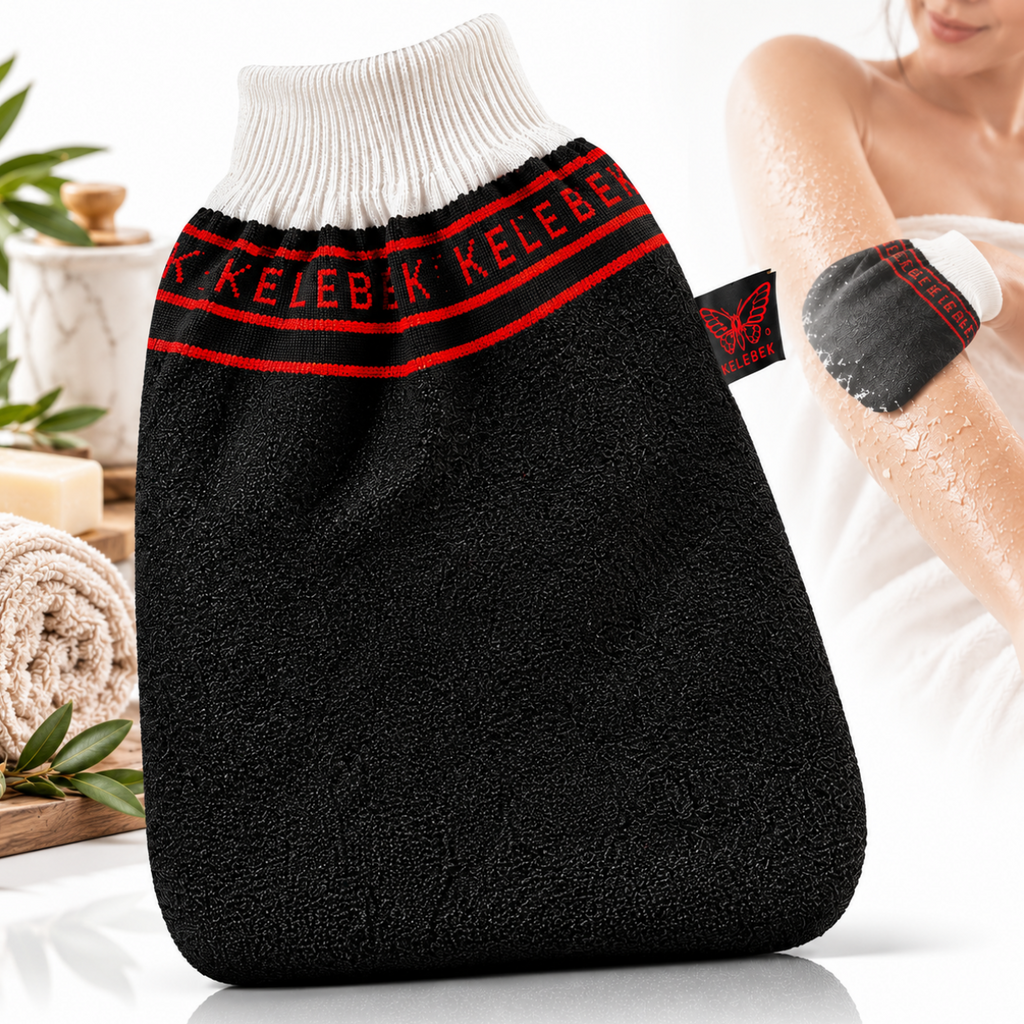 Mănușă exfoliantă turcească Kese, albă, subțire, model Kelebek, destinată exfolierii mecanice a pielii în baie sau hamam