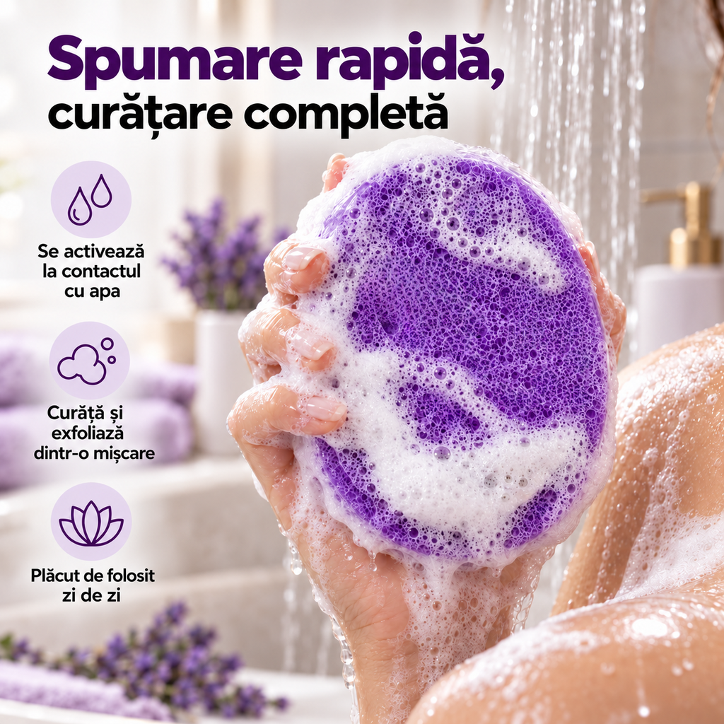 Săpun exfoliant Naumed Biocosmetics 2 în 1 cu burete natural și lavandă, 140 g