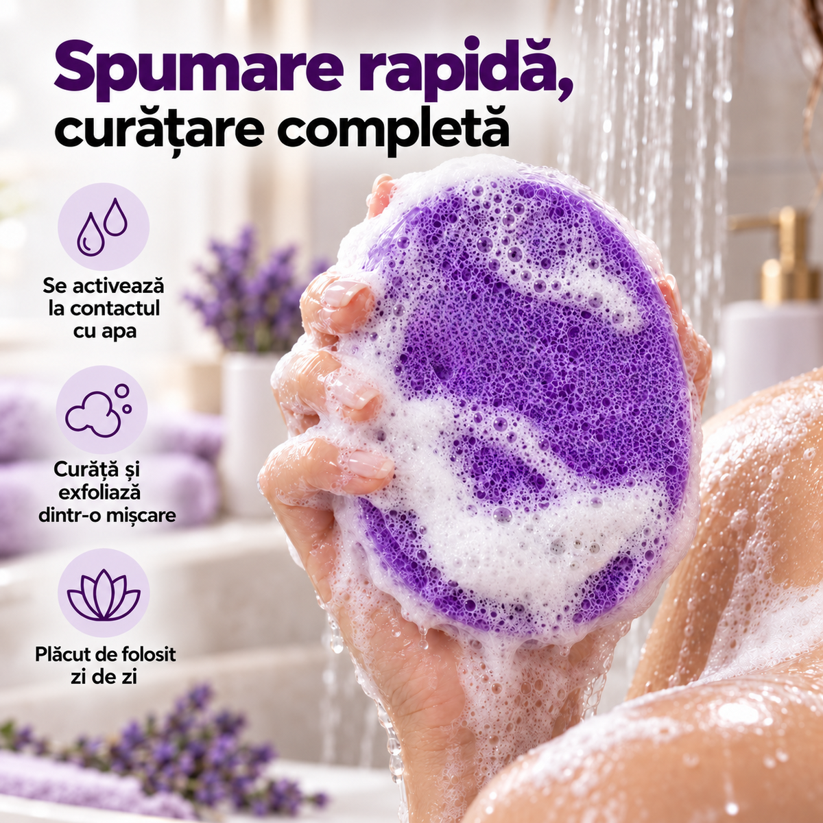 Săpun exfoliant Naumed Biocosmetics 2 în 1 cu burete natural și lavandă, 140 g