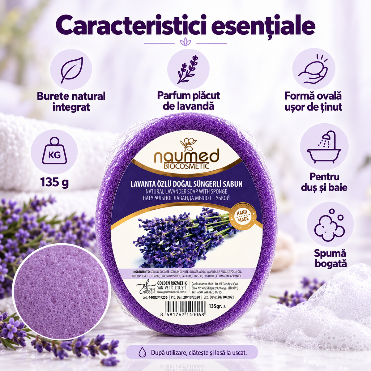Săpun exfoliant Naumed Biocosmetics 2 în 1 cu burete natural și lavandă, 140 g