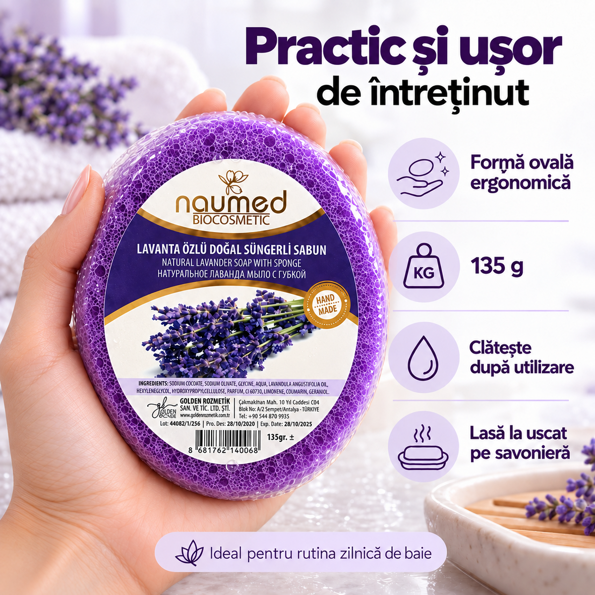 Săpun exfoliant Naumed Biocosmetics 2 în 1 cu burete natural și lavandă, 140 g