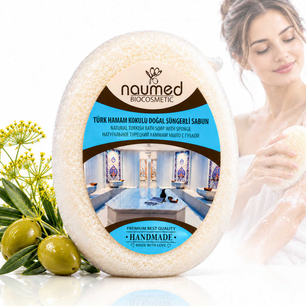 Săpun exfoliant Naumed Biocosmetics cu burete natural, stil hammam turcesc, 140 g