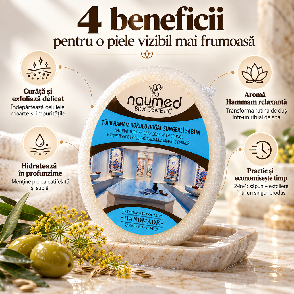 Săpun exfoliant Naumed Biocosmetics cu burete natural, stil hammam turcesc, 140 g