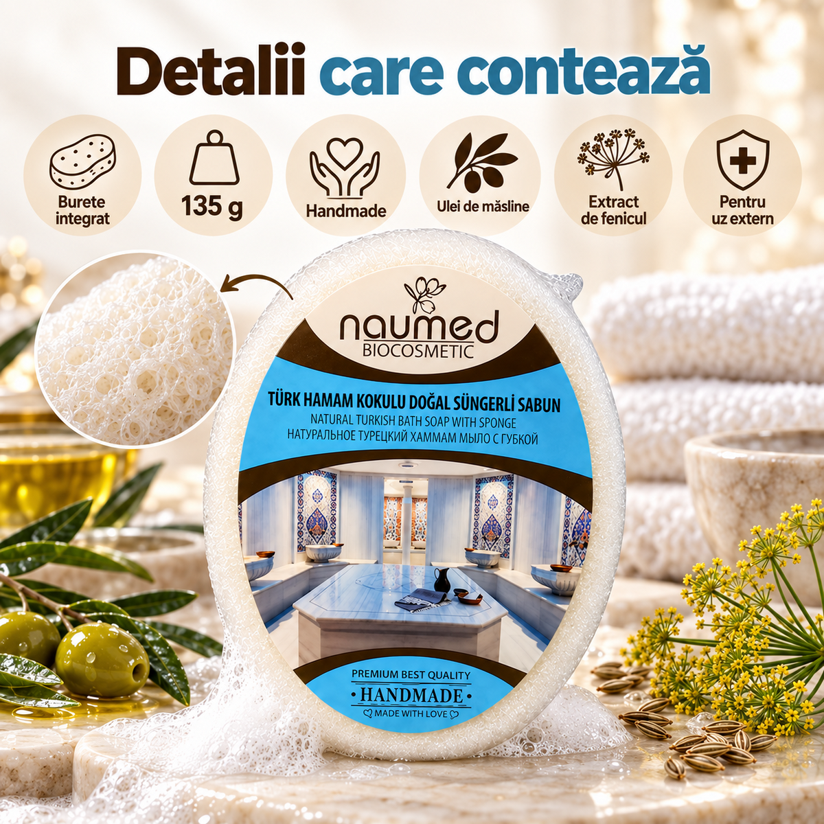 Săpun exfoliant Naumed Biocosmetics cu burete natural, stil hammam turcesc, 140 g