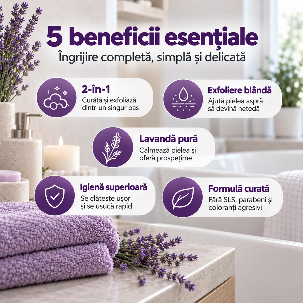 Săpun exfoliant Naumed Biocosmetics 2 în 1 cu burete natural și lavandă, 140 g