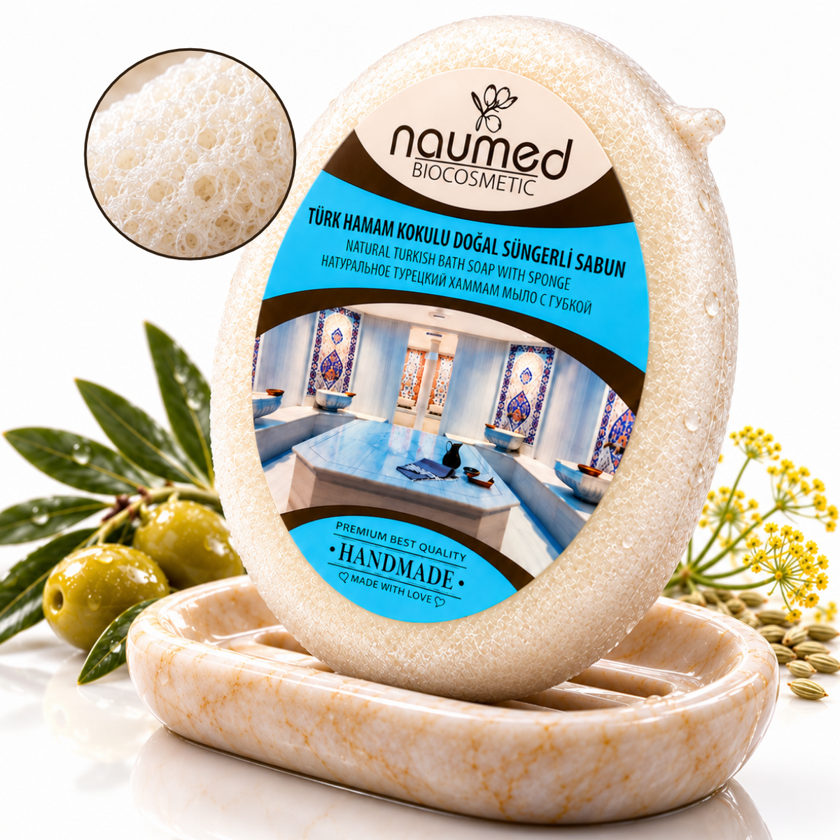 Săpun exfoliant Naumed Biocosmetics cu burete natural, stil hammam turcesc, 140 g
