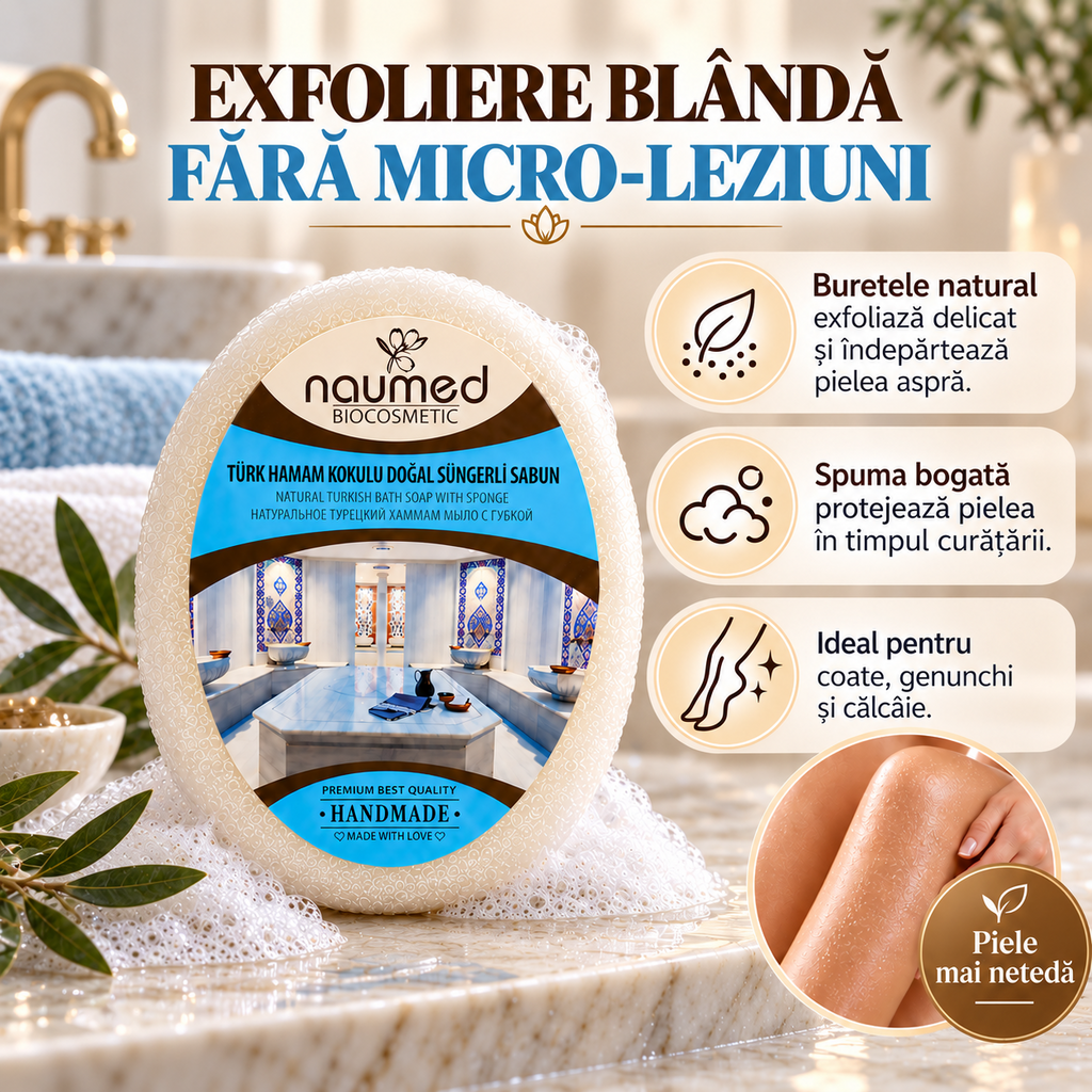 Săpun exfoliant Naumed Biocosmetics cu burete natural, stil hammam turcesc, 140 g