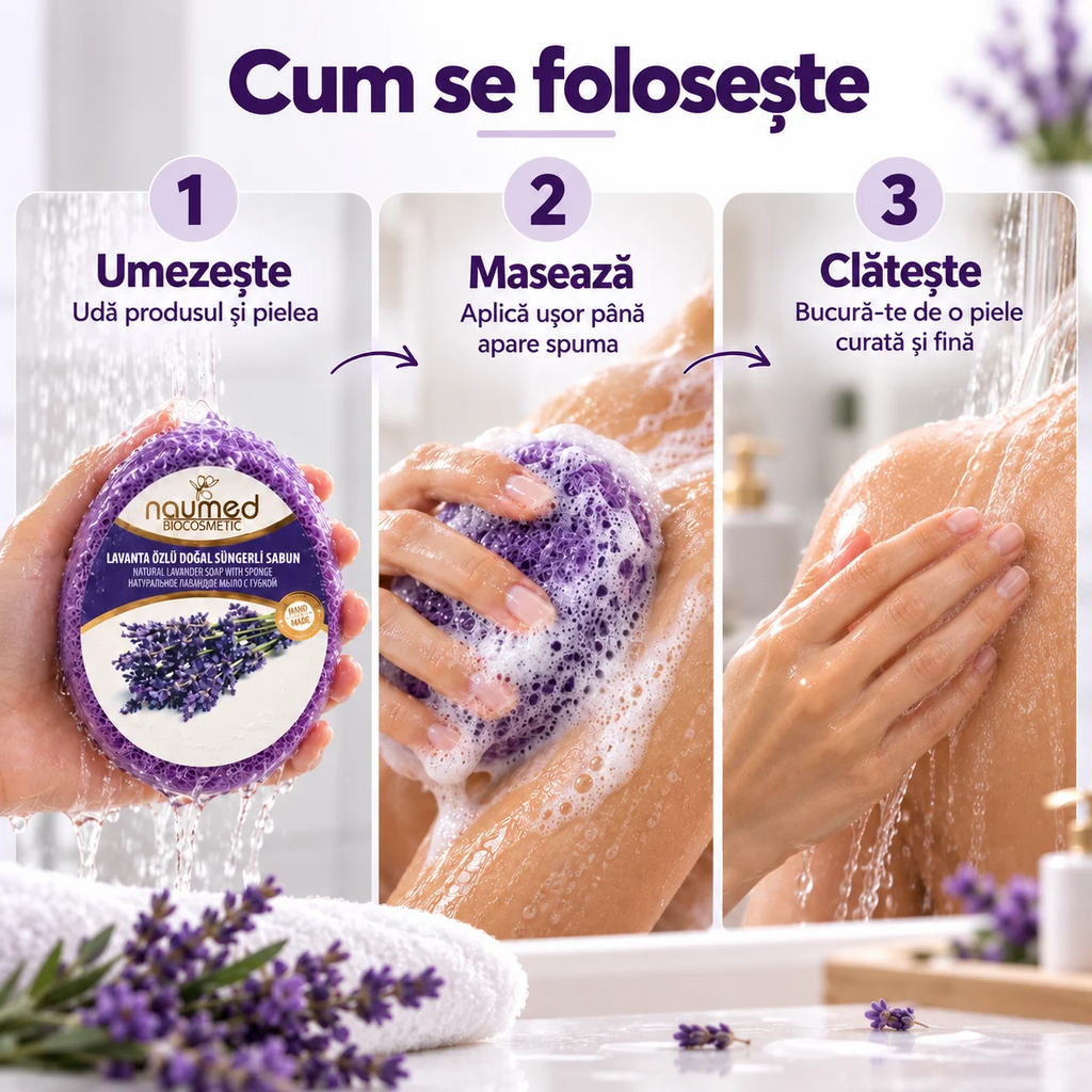 Săpun exfoliant Naumed Biocosmetics 2 în 1 cu burete natural și lavandă, 140 g