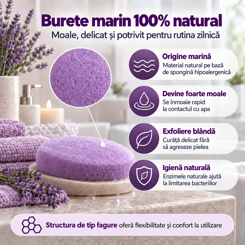 Săpun exfoliant Naumed Biocosmetics 2 în 1 cu burete natural și lavandă, 140 g