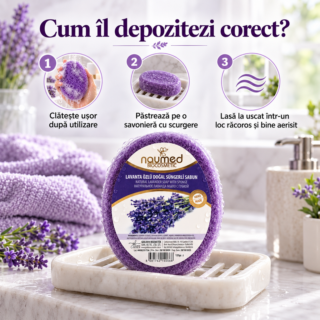 Săpun exfoliant Naumed Biocosmetics 2 în 1 cu burete natural și lavandă, 140 g