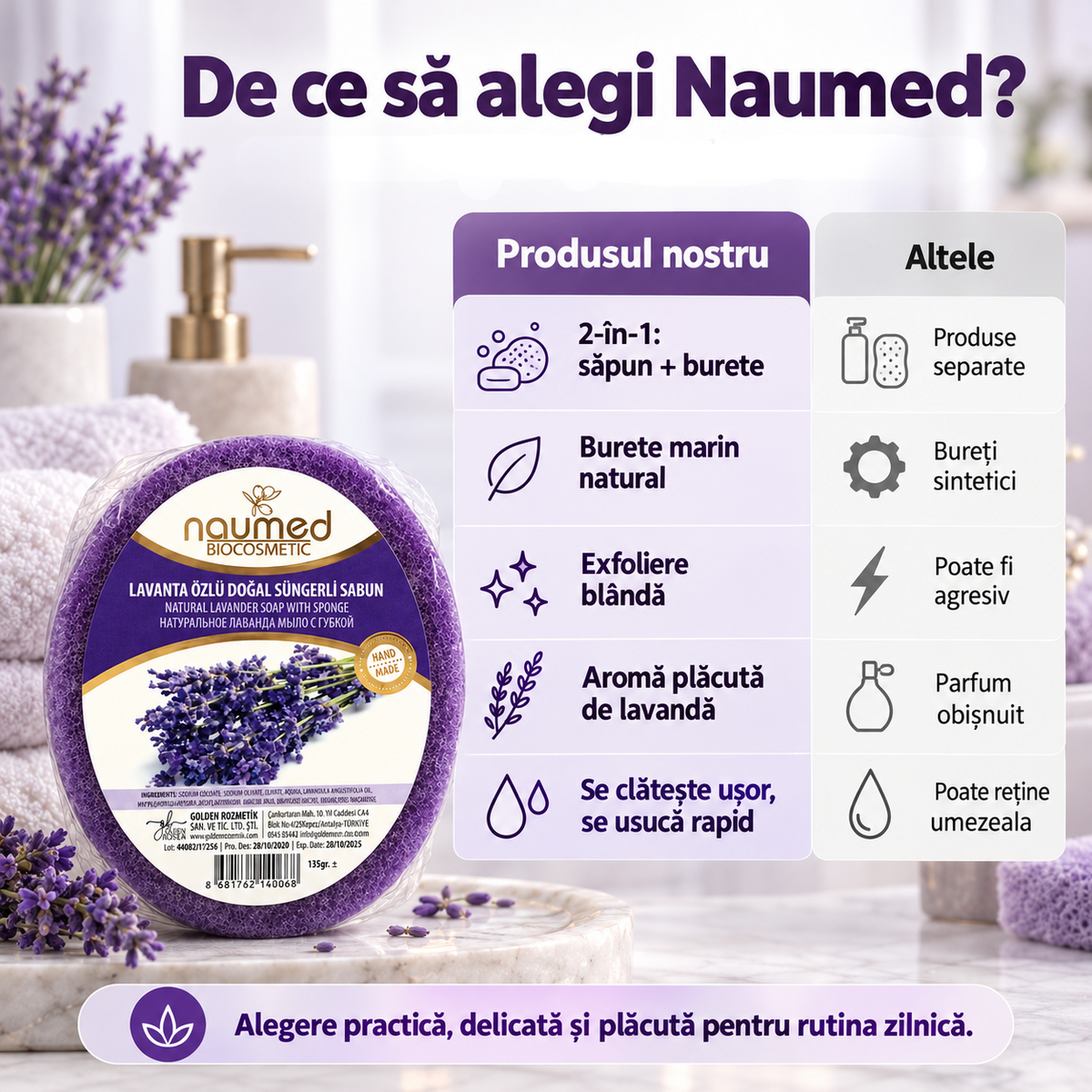 Săpun exfoliant Naumed Biocosmetics 2 în 1 cu burete natural și lavandă, 140 g