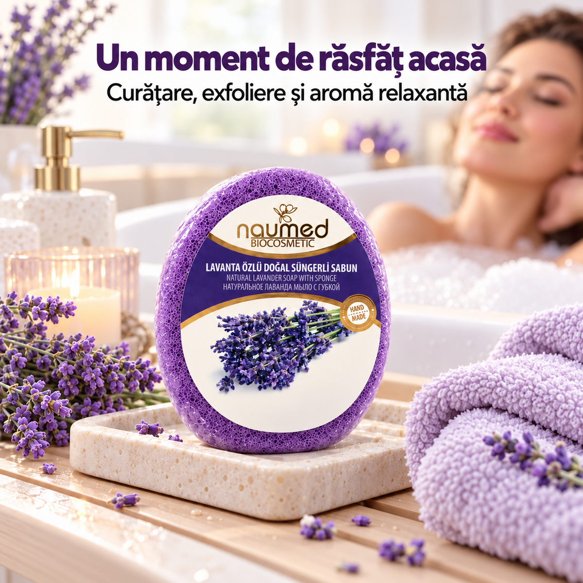 Săpun exfoliant Naumed Biocosmetics 2 în 1 cu burete natural și lavandă, 140 g