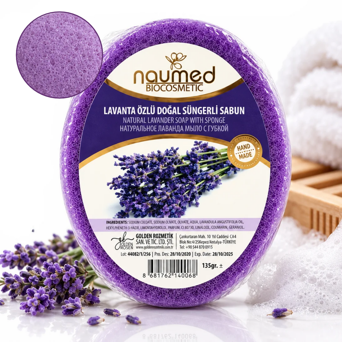Săpun exfoliant Naumed Biocosmetics 2 în 1 cu burete natural și lavandă, 140 g