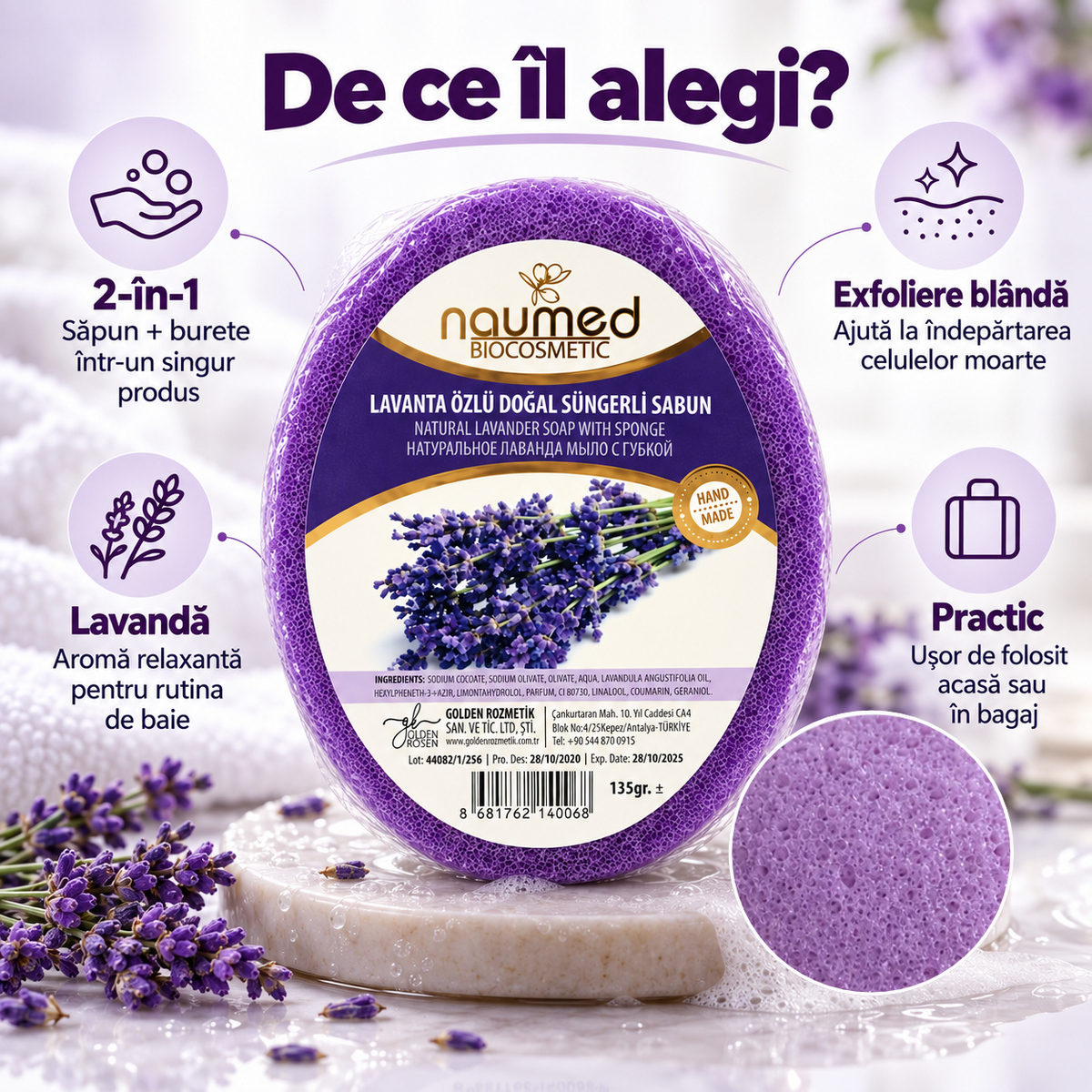 Săpun exfoliant Naumed Biocosmetics 2 în 1 cu burete natural și lavandă, 140 g