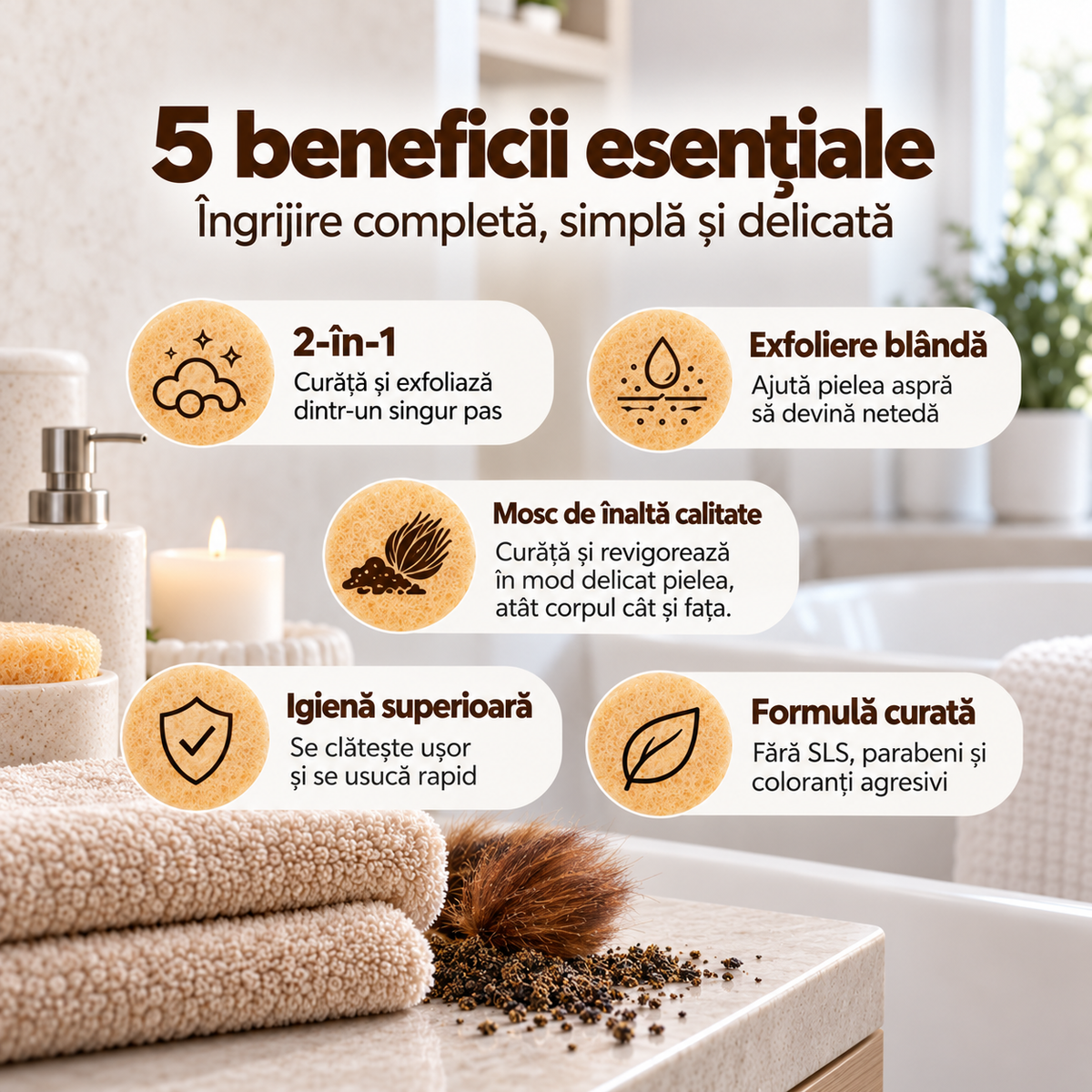 Săpun cu burete Naumed cu extract de mosc, destinat curățării și exfolierii pielii