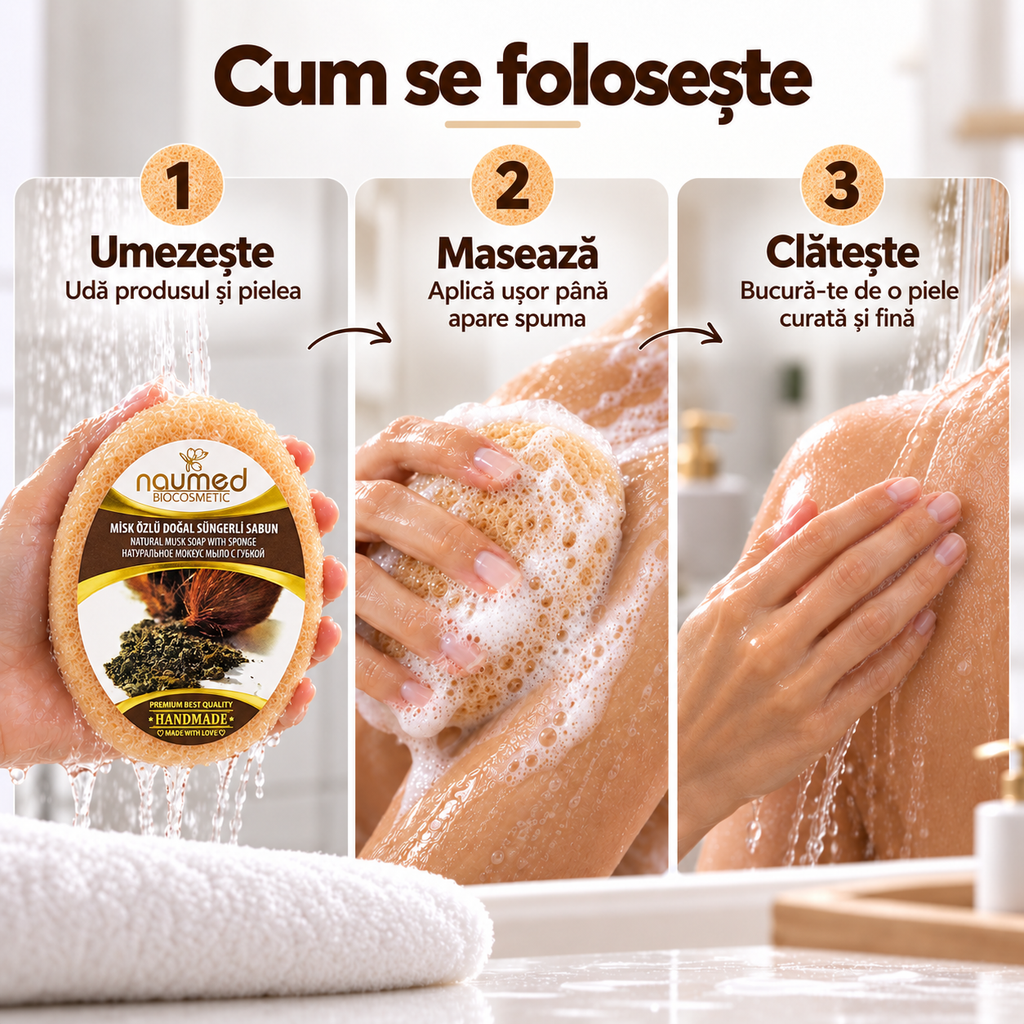 Săpun cu burete Naumed cu extract de mosc, destinat curățării și exfolierii pielii