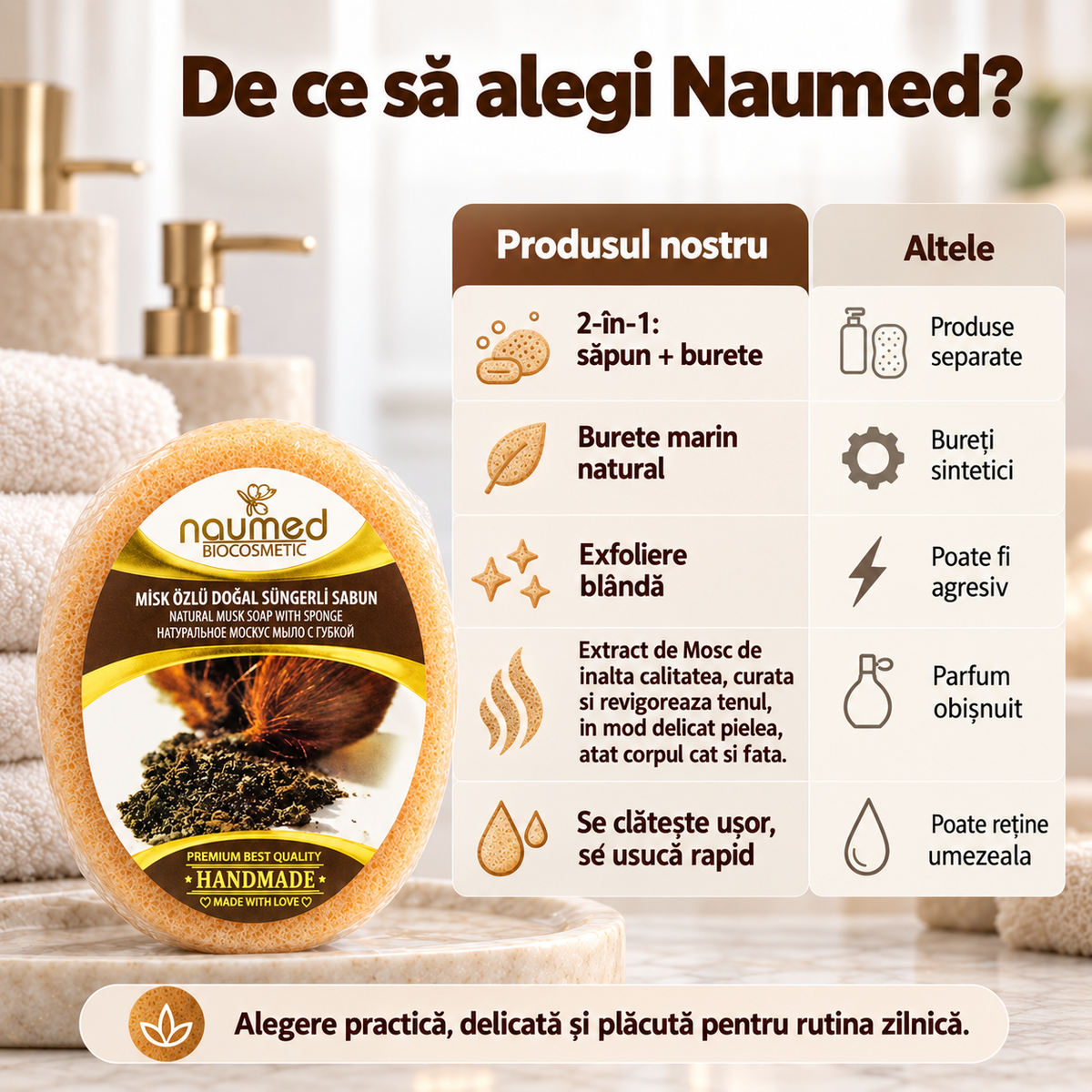 Săpun cu burete Naumed cu extract de mosc, destinat curățării și exfolierii pielii