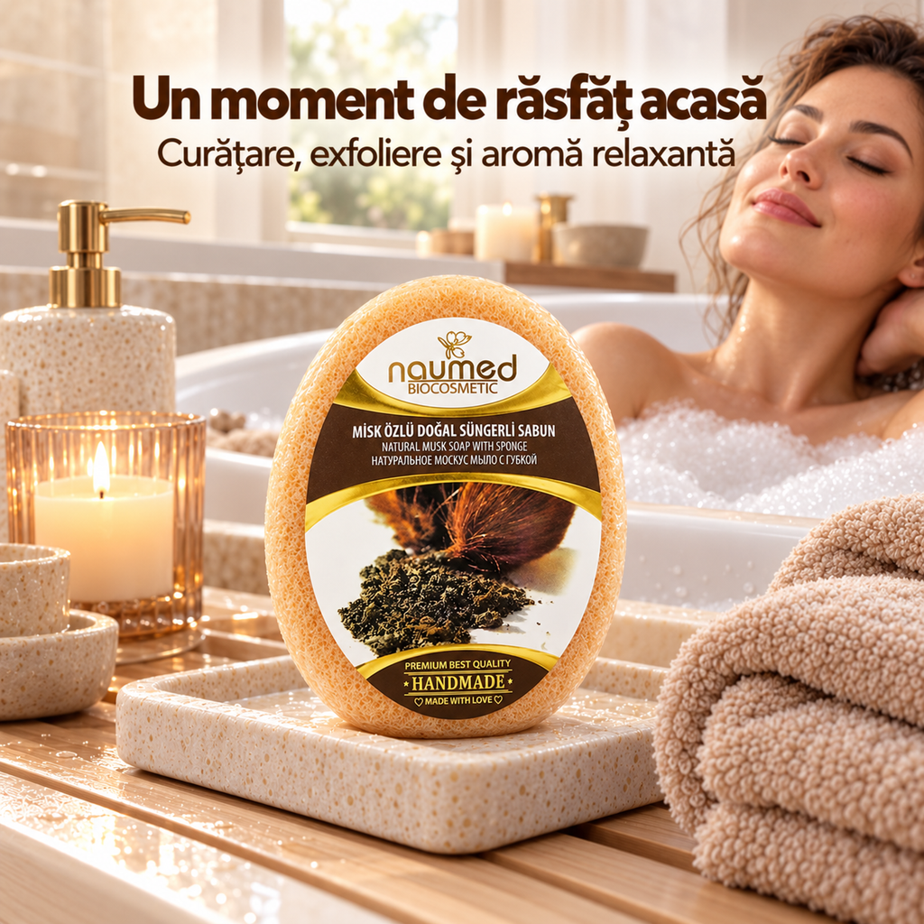 Săpun cu burete Naumed cu extract de mosc, destinat curățării și exfolierii pielii