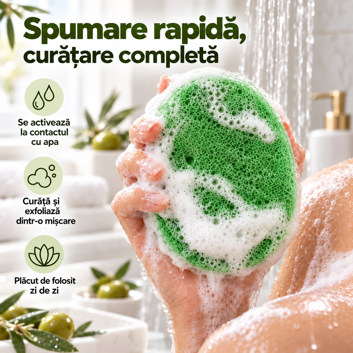 Săpun cu burete Naumed cu măsline, destinat curățării și exfolierii pielii
