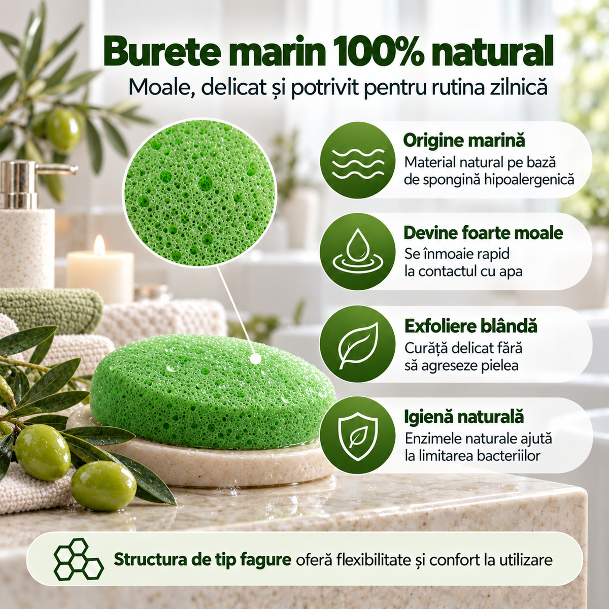 Săpun cu burete Naumed cu măsline, destinat curățării și exfolierii pielii