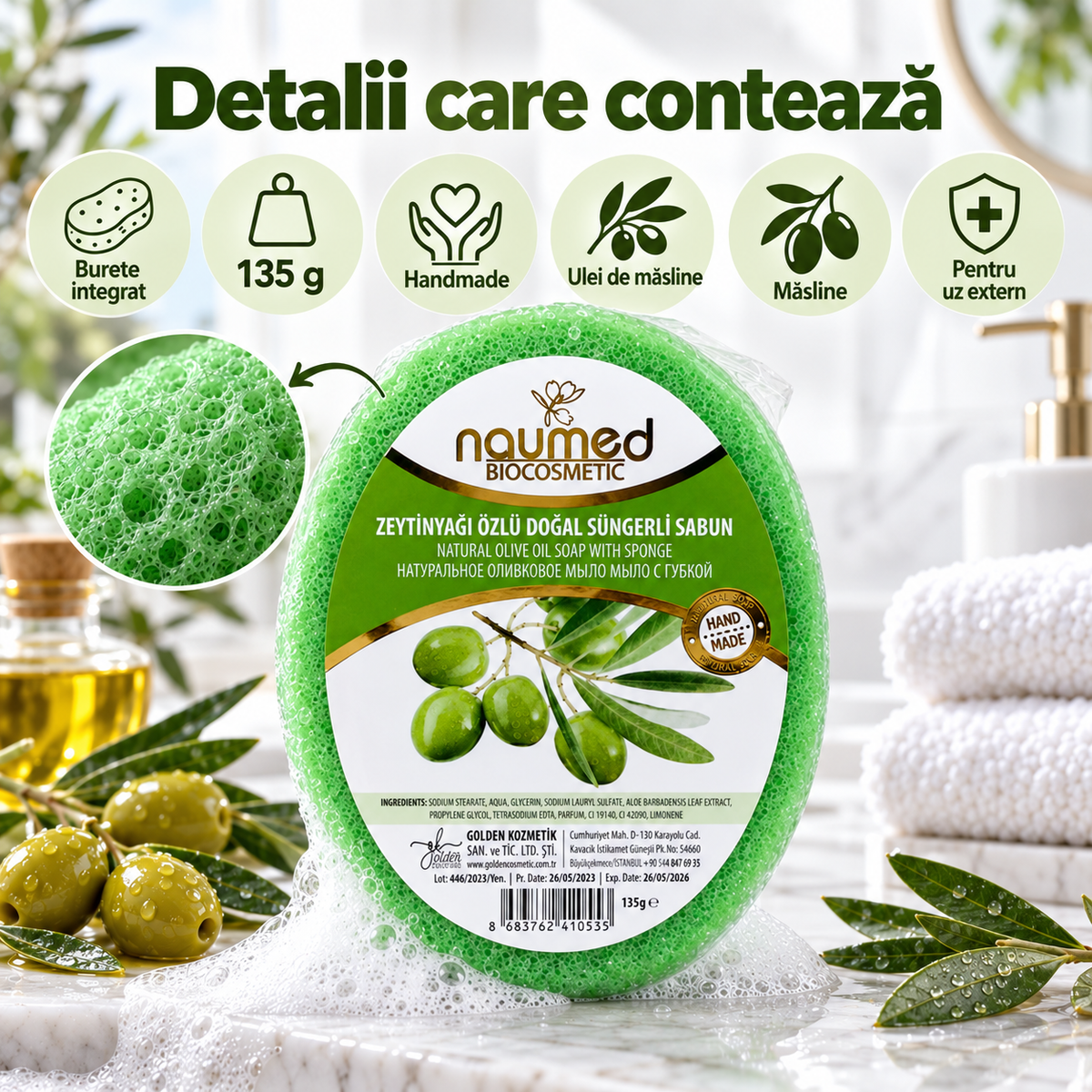 Săpun cu burete Naumed cu măsline, destinat curățării și exfolierii pielii