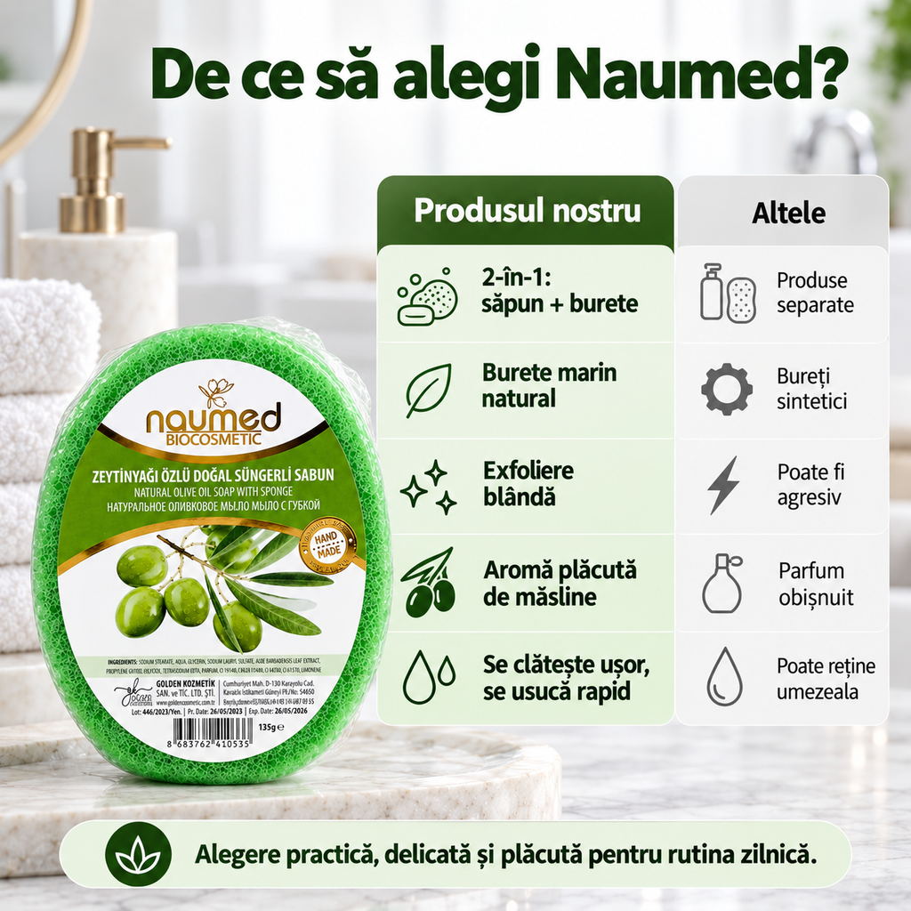Săpun cu burete Naumed cu măsline, destinat curățării și exfolierii pielii