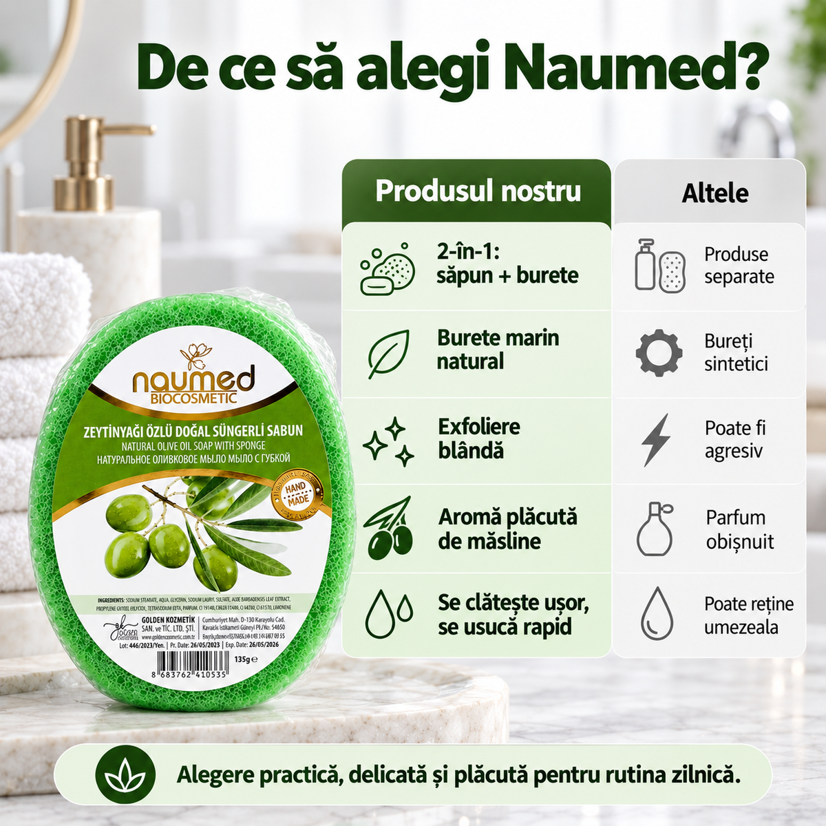 Săpun cu burete Naumed cu măsline, destinat curățării și exfolierii pielii
