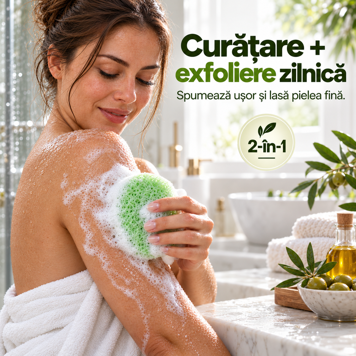 Săpun cu burete Naumed cu măsline, destinat curățării și exfolierii pielii
