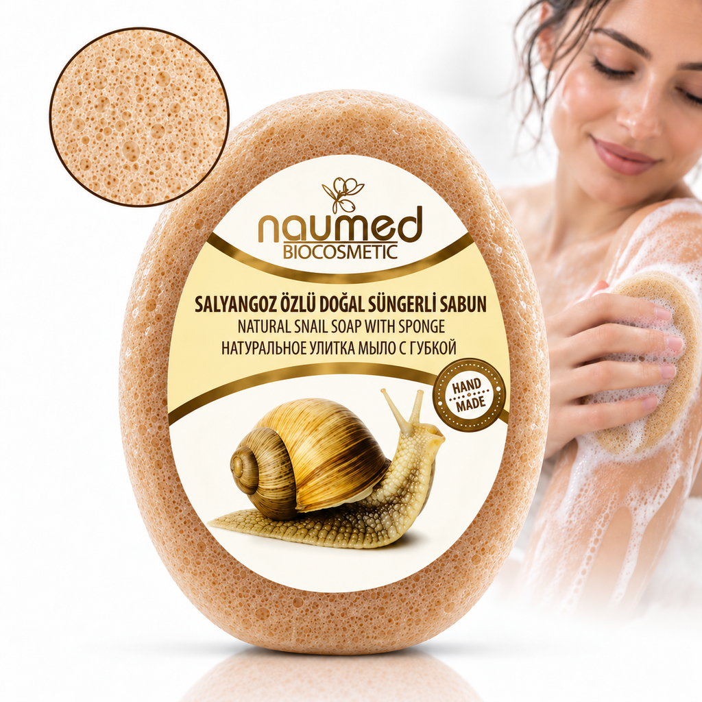 Săpun cu burete Naumed cu extract de melc, destinat curățării și exfolierii pielii
