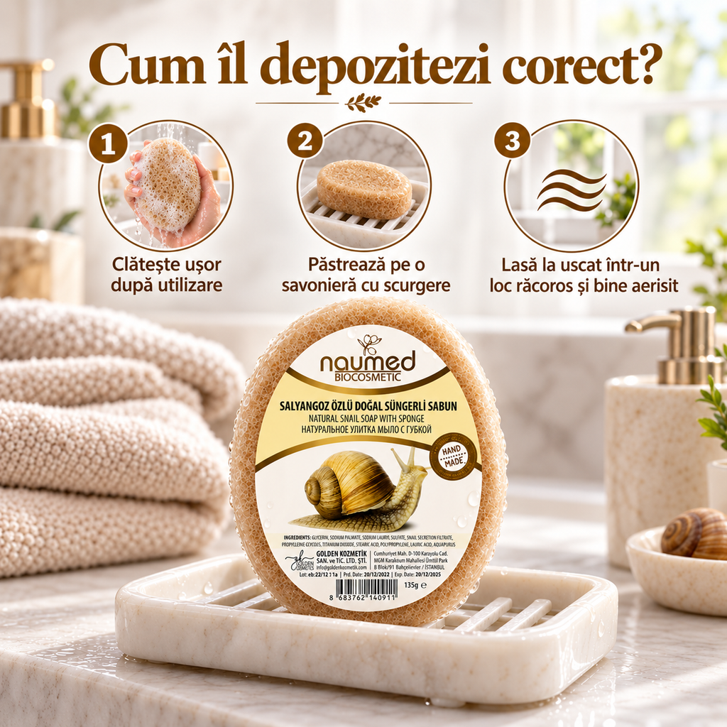 Săpun cu burete Naumed cu extract de melc, destinat curățării și exfolierii pielii