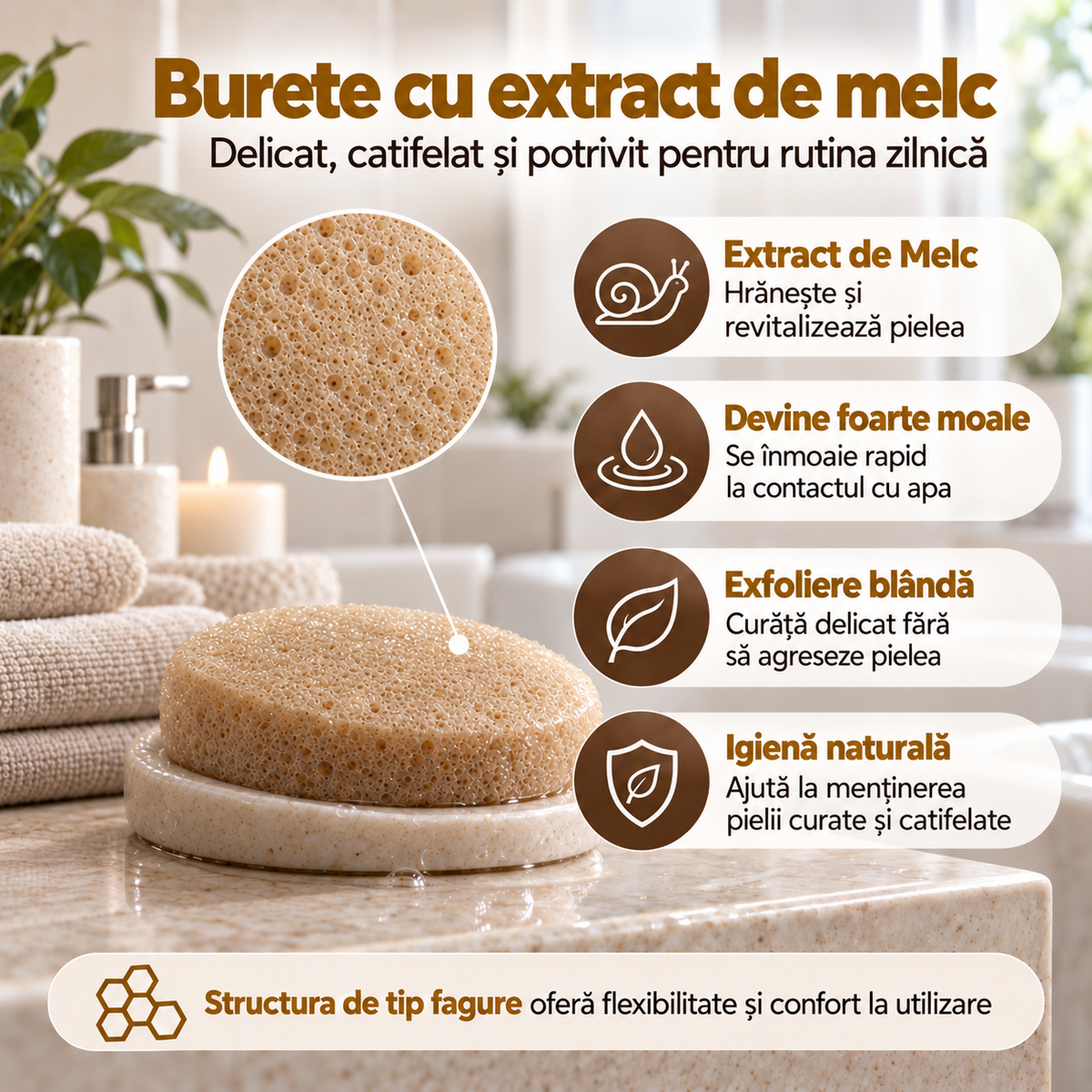 Săpun cu burete Naumed cu extract de melc, destinat curățării și exfolierii pielii