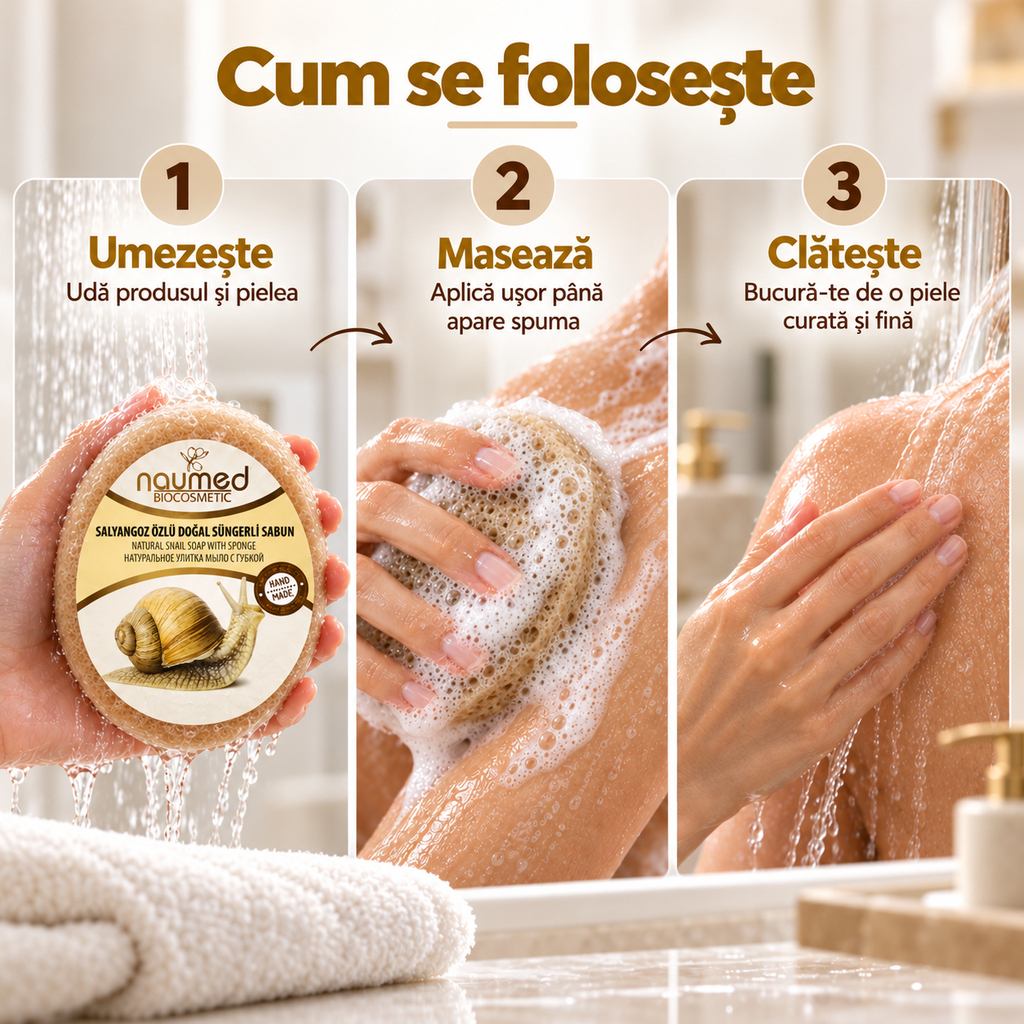 Săpun cu burete Naumed cu extract de melc, destinat curățării și exfolierii pielii