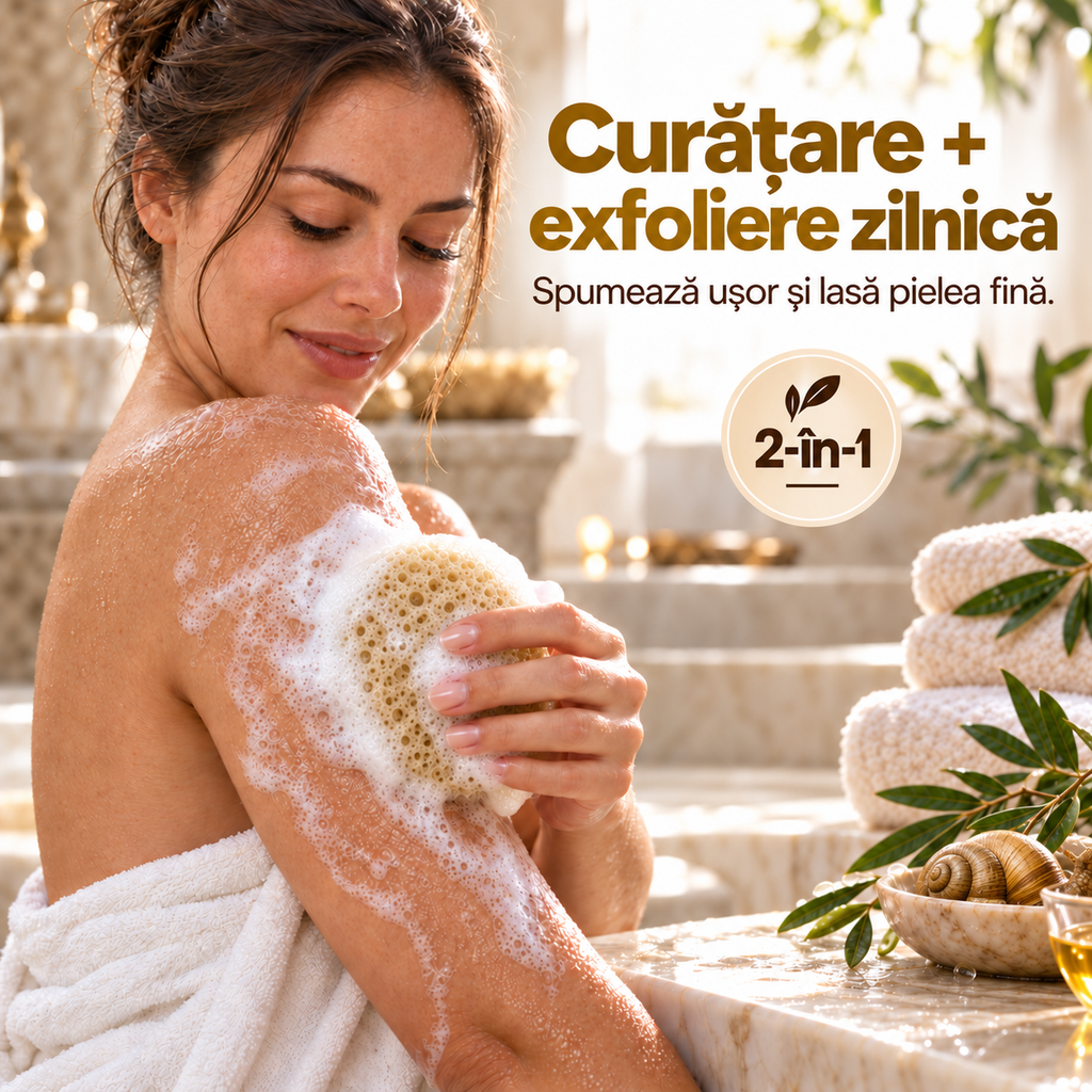 Săpun cu burete Naumed cu extract de melc, destinat curățării și exfolierii pielii