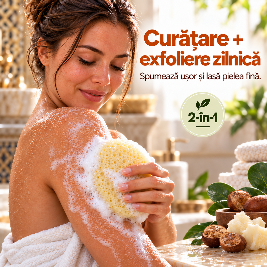 Săpun cu burete Naumed cu unt de shea, destinat curățării și exfolierii pielii