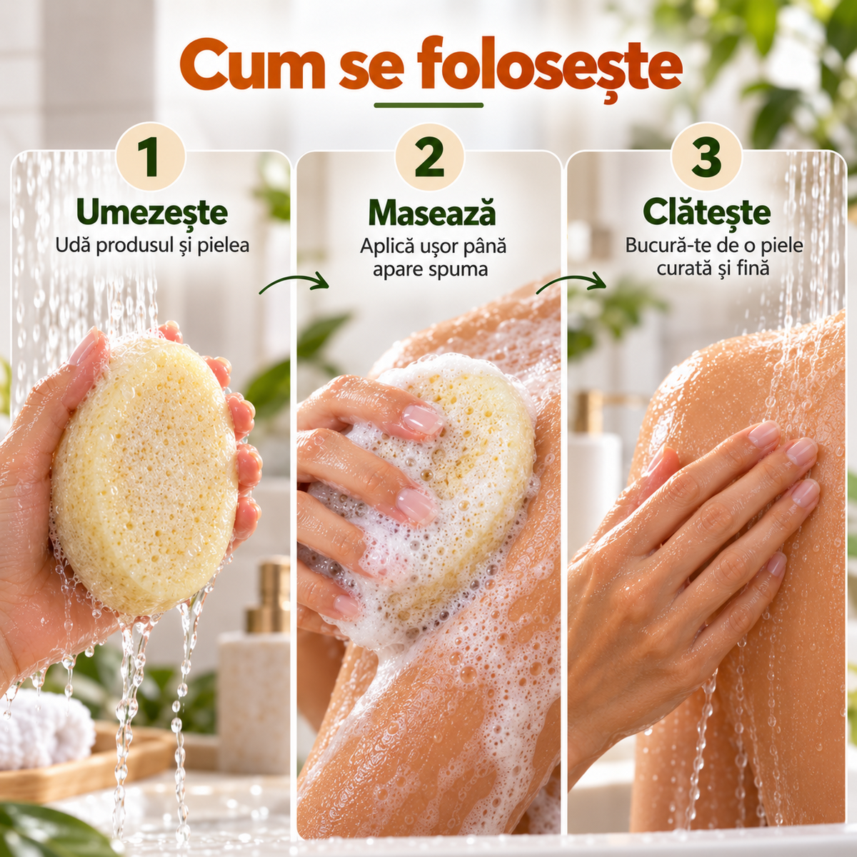 Săpun cu burete Naumed cu unt de shea, destinat curățării și exfolierii pielii