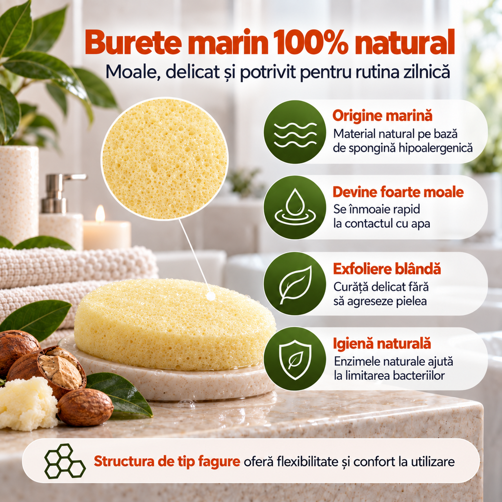 Săpun cu burete Naumed cu unt de shea, destinat curățării și exfolierii pielii