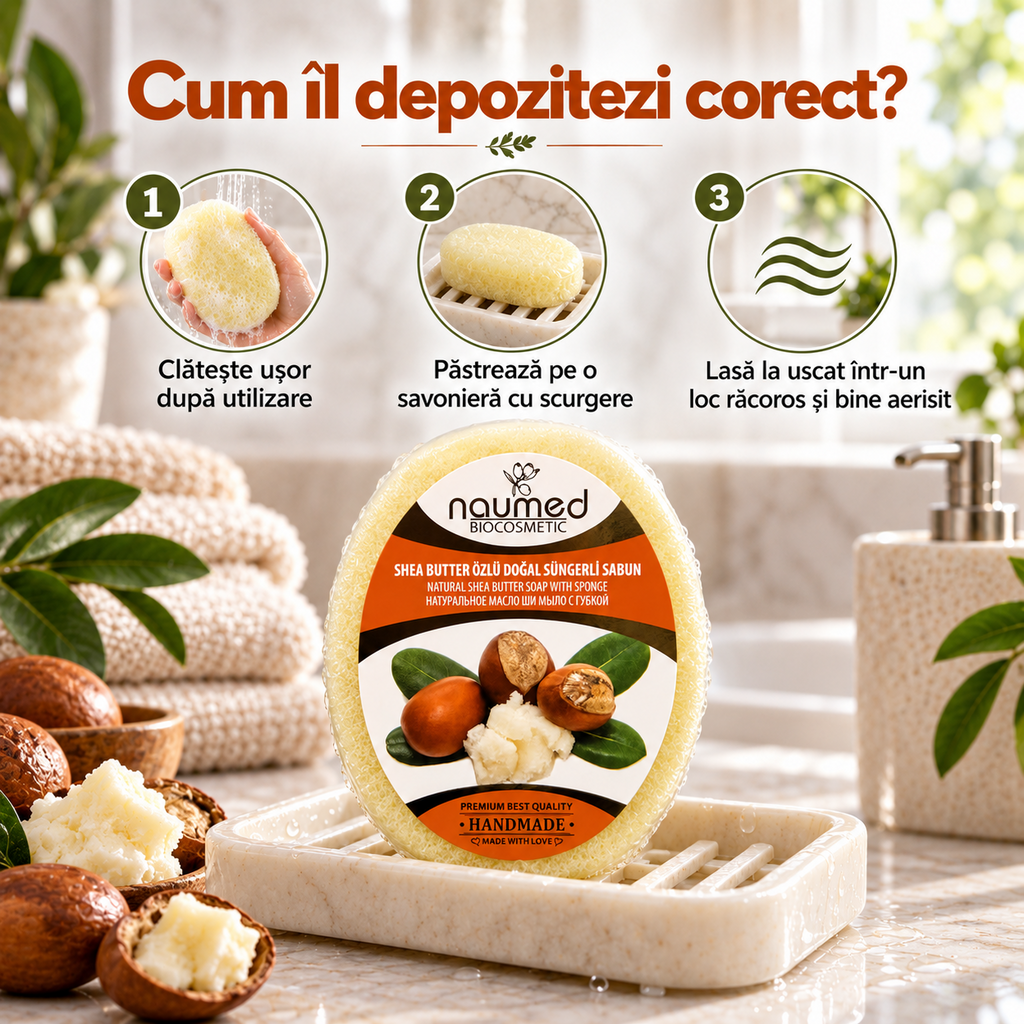 Săpun cu burete Naumed cu unt de shea, destinat curățării și exfolierii pielii