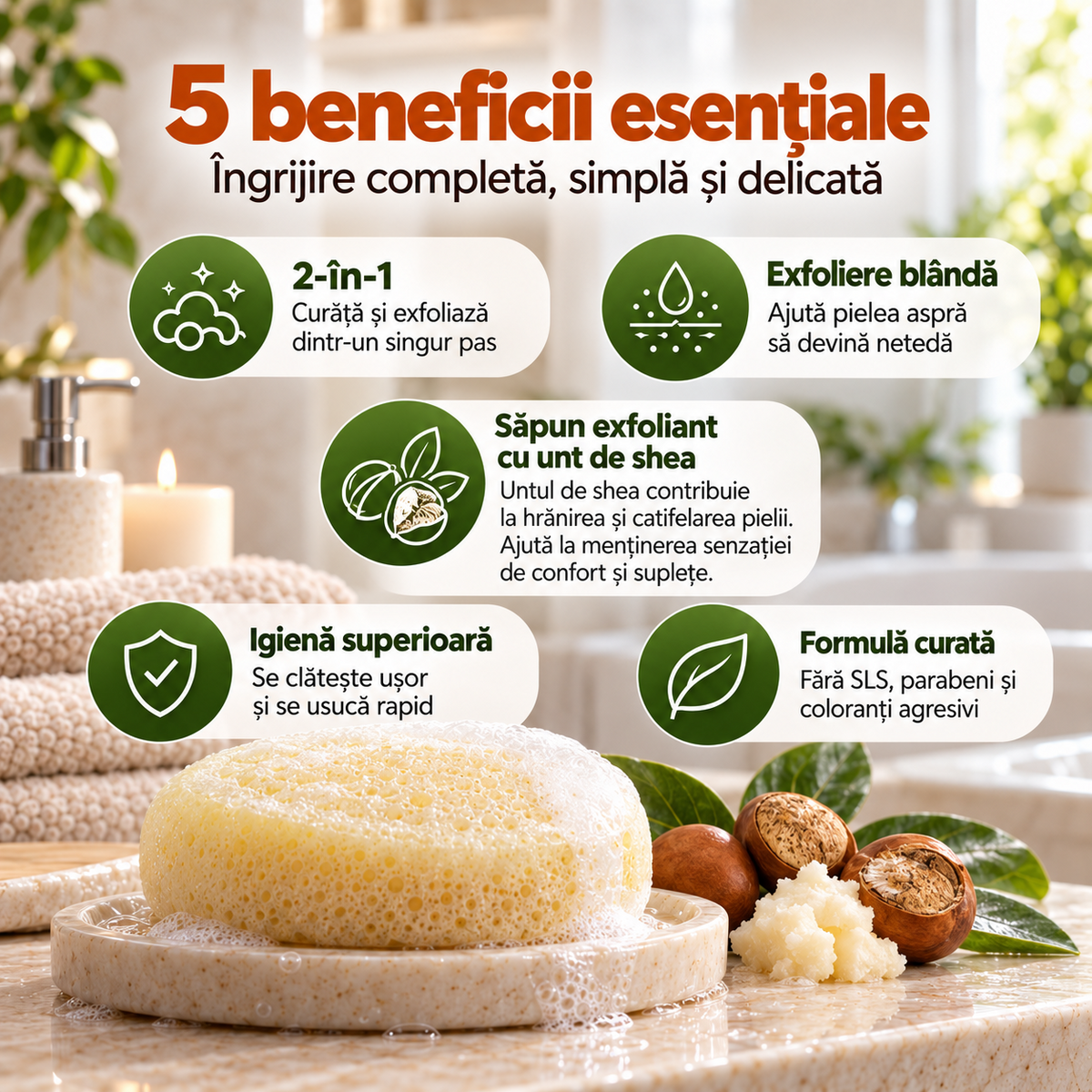 Săpun cu burete Naumed cu unt de shea, destinat curățării și exfolierii pielii
