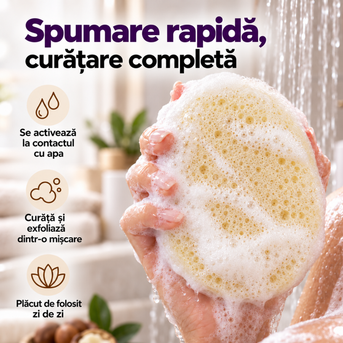 Săpun cu burete Naumed cu unt de shea, destinat curățării și exfolierii pielii