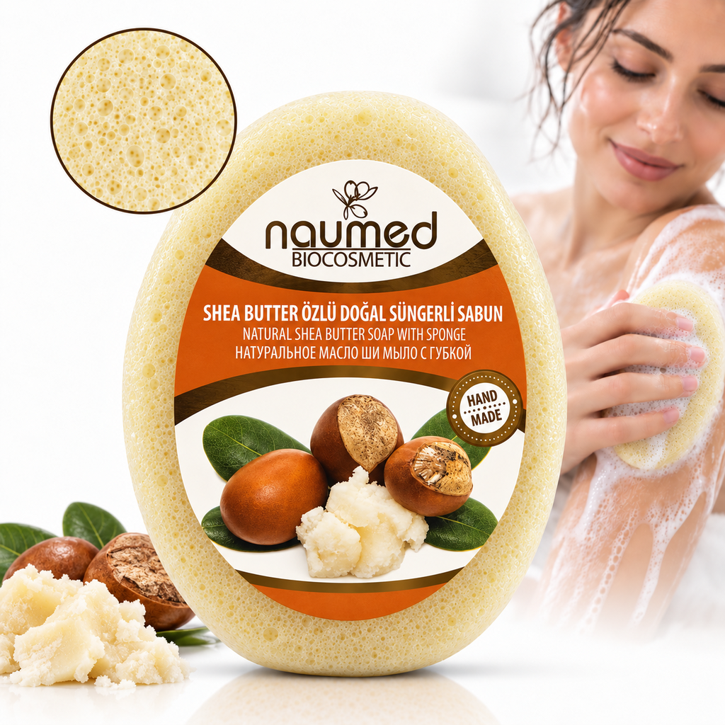 Săpun cu burete Naumed cu unt de shea, destinat curățării și exfolierii pielii