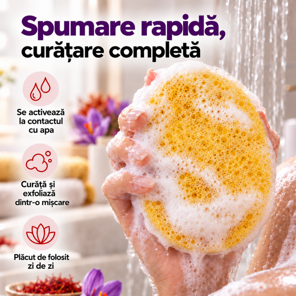 Săpun cu burete Naumed cu șofran, destinat curățării și exfolierii pielii