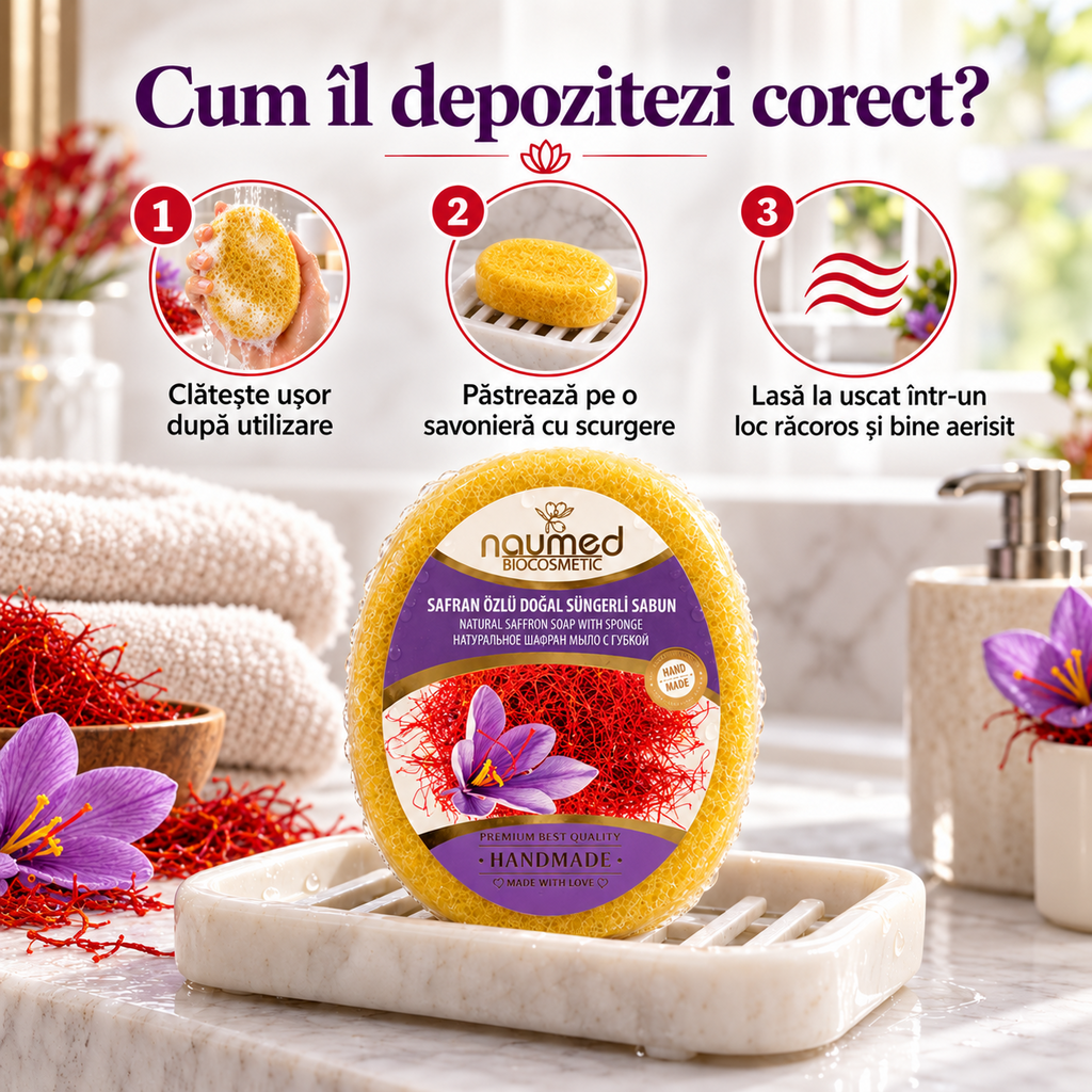 Săpun cu burete Naumed cu șofran, destinat curățării și exfolierii pielii