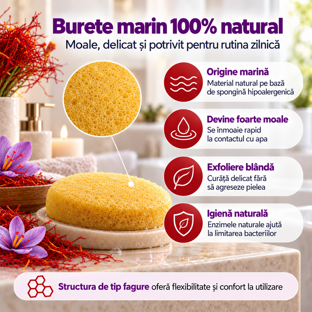 Săpun cu burete Naumed cu șofran, destinat curățării și exfolierii pielii